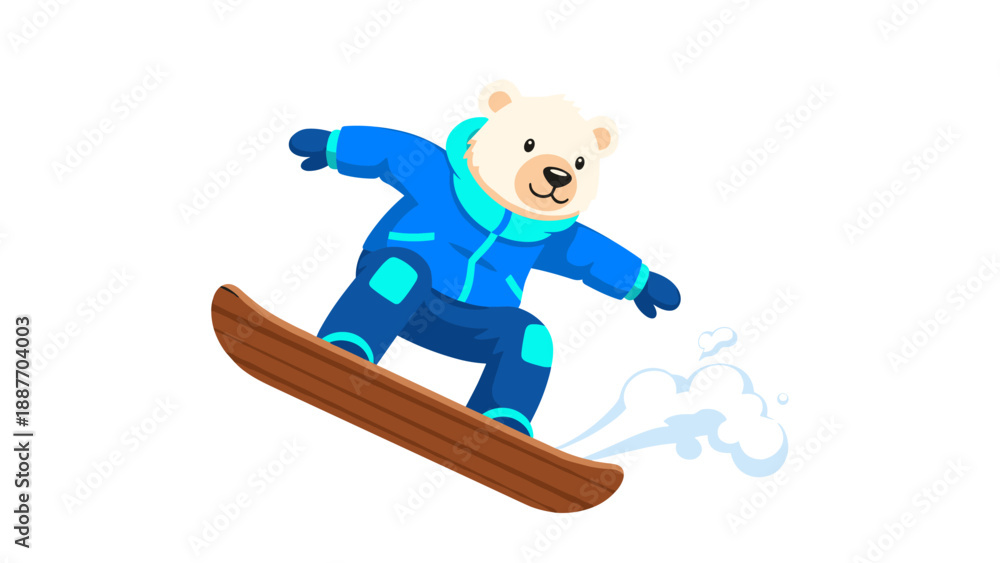 Fototapeta premium Cute polar bear snowboarding in a blue winter suit on a snowy day