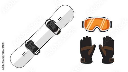 Winter sports gear: snowboard, goggles, and gloves in modern flat design