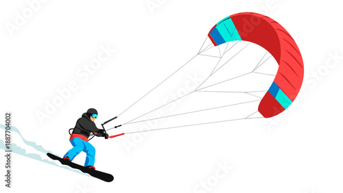 Dynamic kiteboarding adventure with colorful parachute and snowy landscape