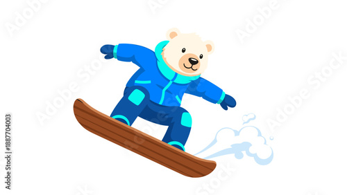 Cute polar bear snowboarding in a blue winter suit on a snowy day