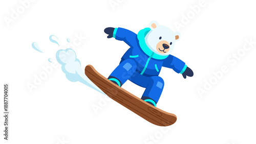 Cute polar bear snowboarding in winter gear on a snowy adventure