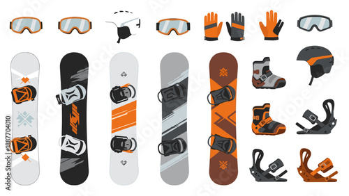 Snowboarding gear collection with helmets and goggles in flat design