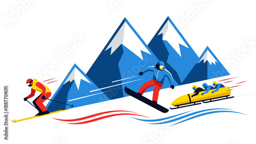 Winter sports adventure with skiing, snowboarding, and bobsledding in mountain landscape