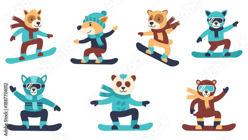 Cute cartoon animals snowboarding in winter outfits