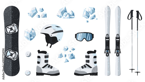 Winter sports equipment collection: skis, snowboard, and accessories for extreme adventures