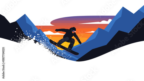 Snowboarder in action at sunset with vibrant mountain backdrop