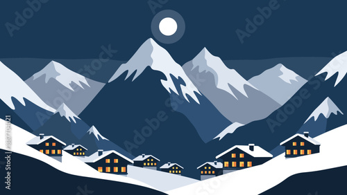Cozy winter night in alpine village with mountainous snowy peaks under moonlight