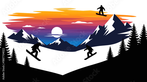 Silhouette snowboarding adventure in vibrant sunset mountain landscape
