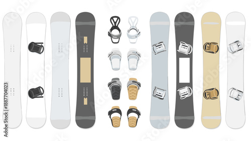 Collection of snowboards and bindings in minimalist design