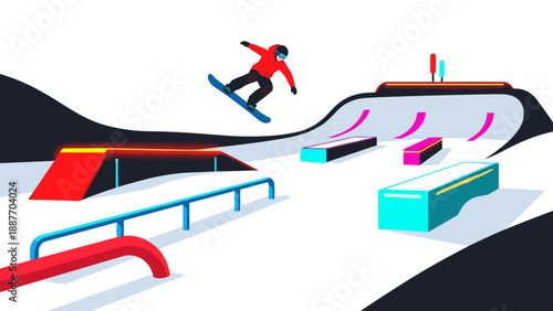 Snowboarding adventure in vibrant winter sports park with modern obstacles