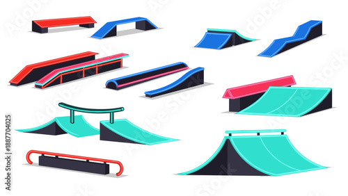 Colorful skate park ramps and rails for extreme sports design
