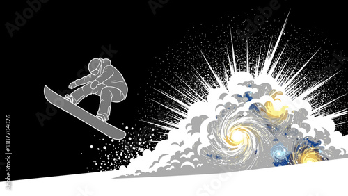 Silhouette snowboarder jumping with cosmic explosion in background