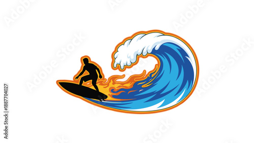 Silhouette surfer riding fiery ocean wave illustration