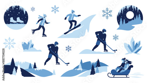 Winter activities and sports in blue silhouette style with snowflakes and landscapes