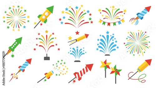Colorful fireworks with rockets and pinwheels in festive flat design