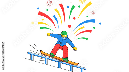 Colorful celebration: snowboarder grinding rail with festive bursts in background