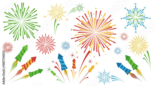 Colorful fireworks display with vibrant rocket explosions in festive design