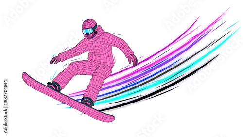 Futuristic snowboarding action with neon streaks in wireframe style