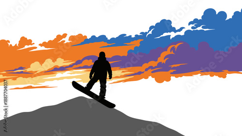 Snowboarder on mountain peak with vibrant sunset clouds