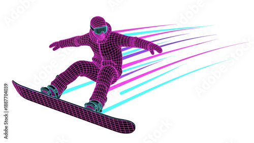 Neon wireframe snowboarder in action with dynamic glowing trails