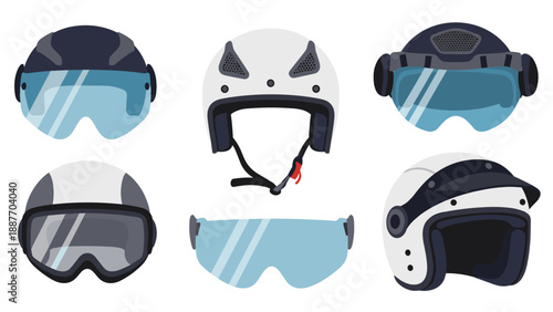 Collection of modern ski and snowboarding helmets with blue visors