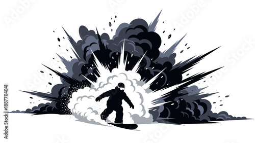 Dynamic snowboarder in black and white explosion art
