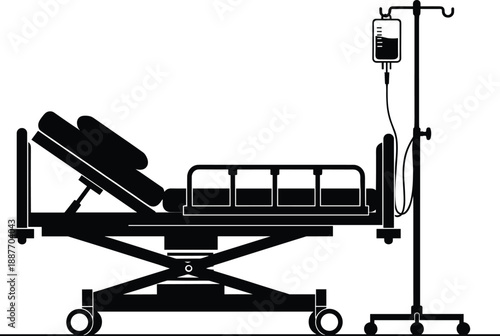 Hospital Bed and IV Stand Icon – Patient Care, Medical Equipment, Healthcare Facility, Intravenous Therapy, Recovery, Treatment, Clinical Setting