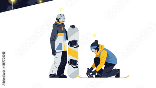 Winter adventure: duo preparing for snowboarding in modern minimalist style