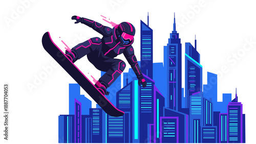 Futuristic snowboarding in neon cityscape with cyberpunk style