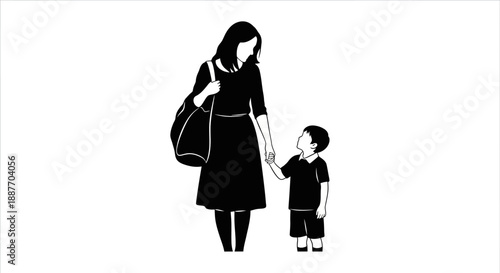 Mother and son holding hands silhouette.