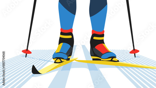 Colorful winter sports scene with skier's feet on snowy track