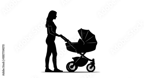 Silhouette of a Woman Pushing a Baby Stroller.