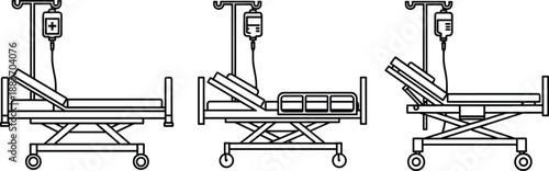 Hospital Bed Evolution Icon – Adjustable Frames, IV Therapy, Patient Comfort, Medical Equipment, Healthcare Mobility, Clinical Setup, Treatment Support Graphic