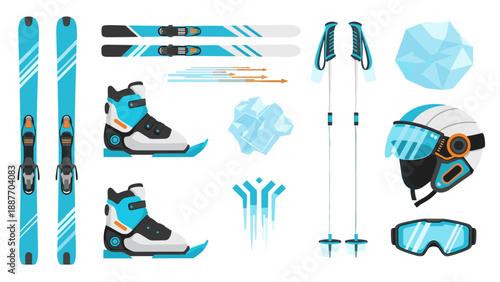 Winter sports equipment set featuring modern ski gear and accessories