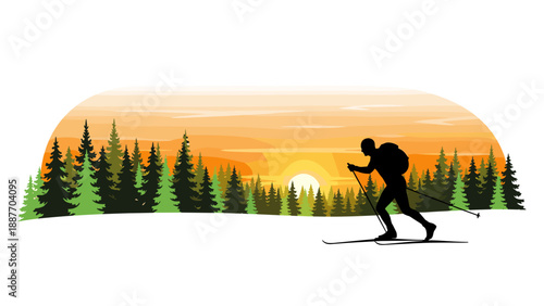 Silhouette of a cross-country skier at sunset in winter forest landscape
