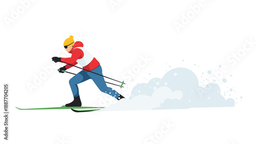 Winter sports adventure: dynamic flat style skier in motion on snowy slope