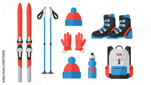 Essential ski gear collection in modern flat style for winter sports enthusiasts