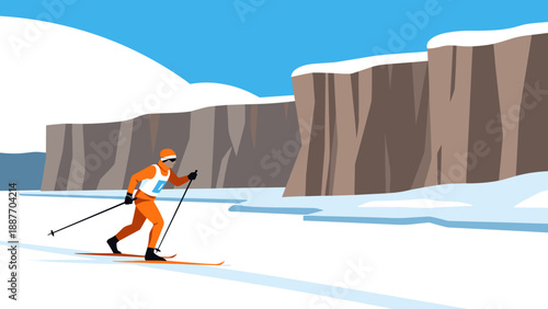 Cross country skiing adventure: winter landscape with snowy cliffs