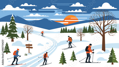 Winter adventure: cross-country skiers in a scenic mountain landscape at sunset