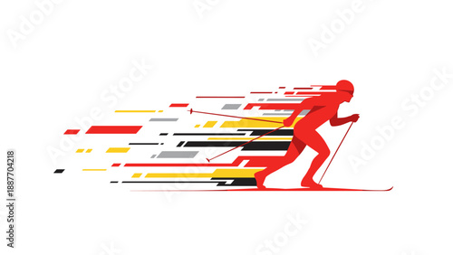 Dynamic cross-country skier silhouette with abstract geometric motion elements