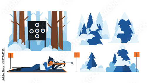 Biathlon winter scene: athlete aiming at target in snowy forest landscape
