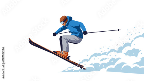 Skier in mid-air leap with snow trail in dynamic flat style