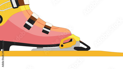 Ski boot clipped into binding on ski: colorful and minimalist winter sports design