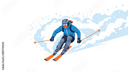 Skier in action on snowy slope with blue jacket and orange skis bringing winter excitement