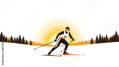 Cross country skiing at sunset with scenic pine forest background