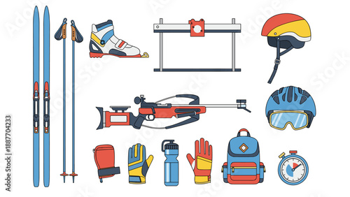 Winter sports equipment flat design: skiing and biathlon gear essentials