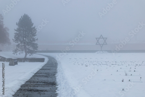 Fotografía Holocaust memorial Terezin during a winter fog