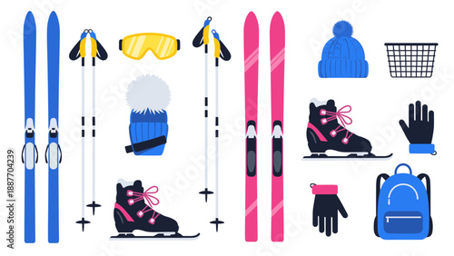 Winter sports gear collection featuring colorful ski equipment and accessories