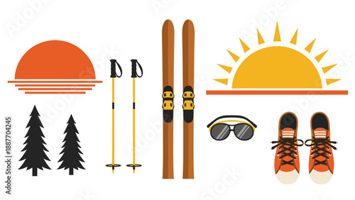 Colorful skiing equipment and nature elements with sun and trees