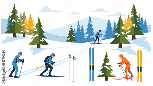 Winter mountain skiing scene with evergreen trees and skiers